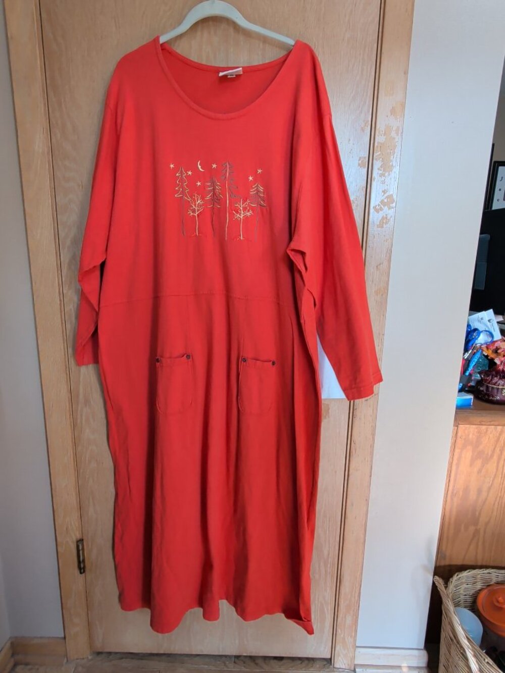 Vtg Liz & Jane Maxi Dress 3X Orange Embroidery Pockets Art to Wear Nature Cozy